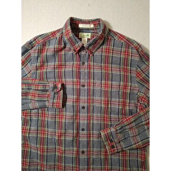 LL bean Shirt Men Large Blue Red Plaid Button Down Scotch Flannel Fitted Vtg - Picture 2 of 6